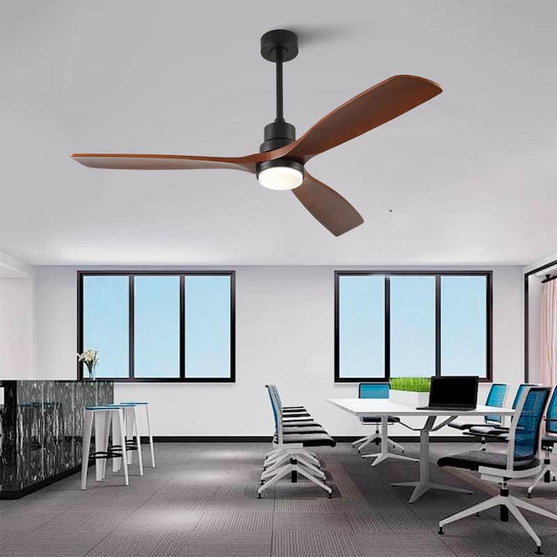 60 Inch Modern Black Ceiling Fan With Light 3 Solid Wood Blades Remote Control Reversible DC Motor With Dimmable LED