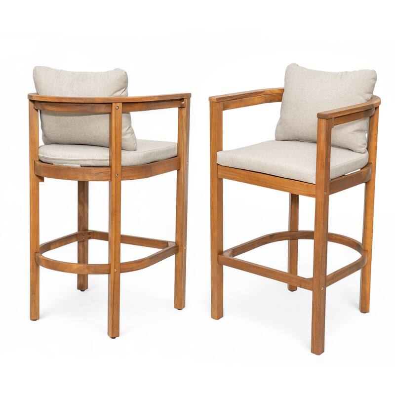 Roomfitters Abaco Outdoor Acacia Wood Barstools with Cushions, Teak Finish and Beige Set of 2