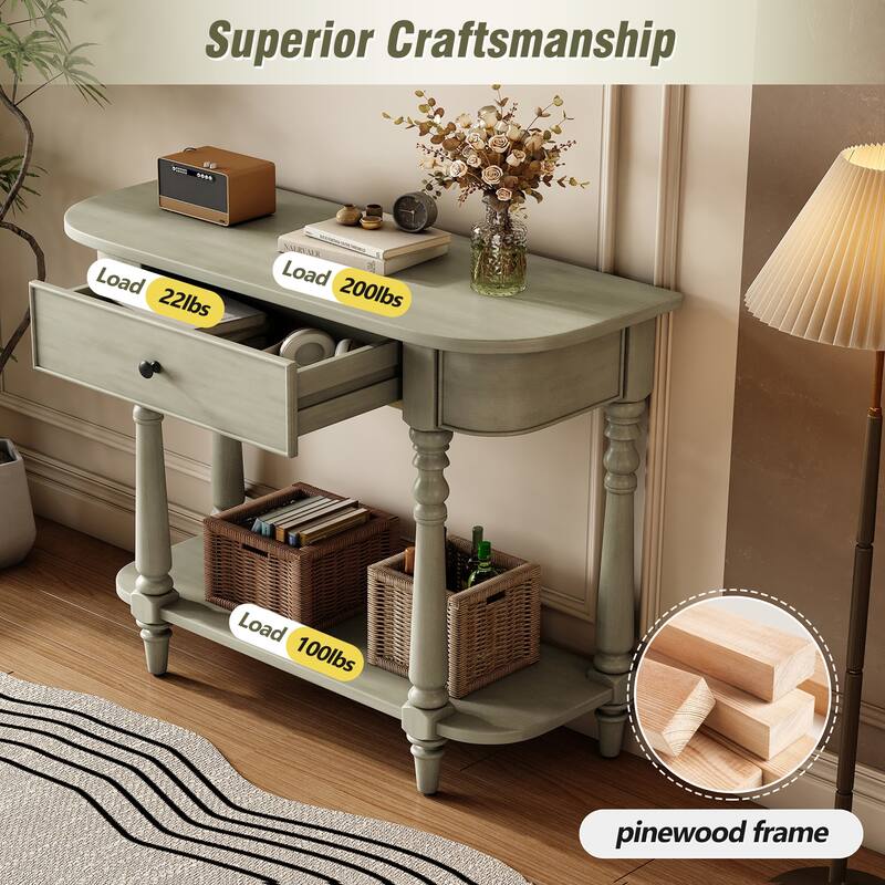 Narrow Console Table with Curved Corner, Retro Entryway Table with Top Drawer and Open Shelf