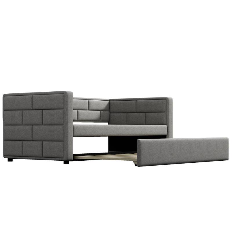 Twin Size Daybed with Trundle Bed, Upholstered Backrest, Wood Slat Support Frame