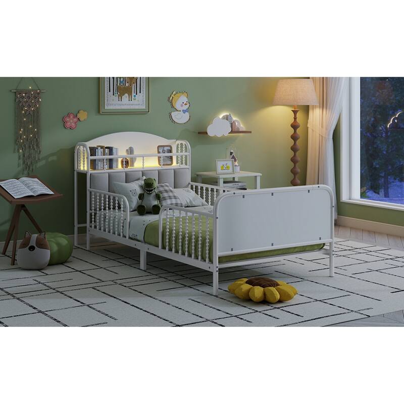 Roomfitters Twin/Full Metal Platform Bed, LED Storage Headboard and Guardrails with Metal Frame for Bedroom or Guest Room