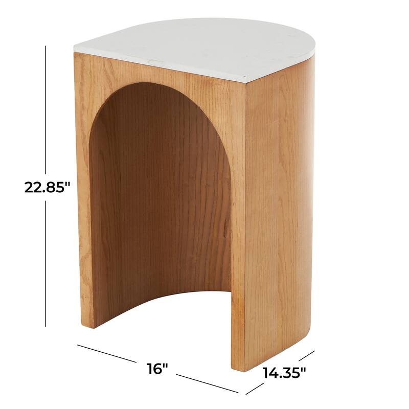 Brown or Black Wood Cutout Arch Side End Accent Table with White Marble Tabletop