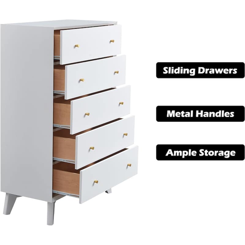 Mid-Century Modern 5 Drawer Dresser, Wood Chest of Drawers