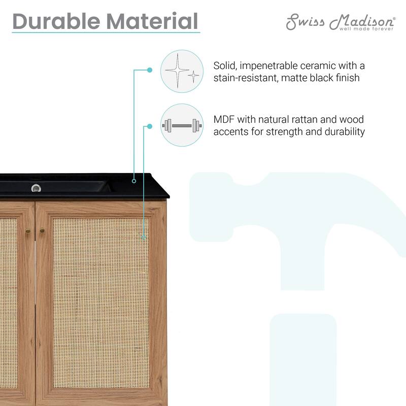 Classe 30 In. Brown Oak Bathroom Vanity With Black Ceramic Sink Top