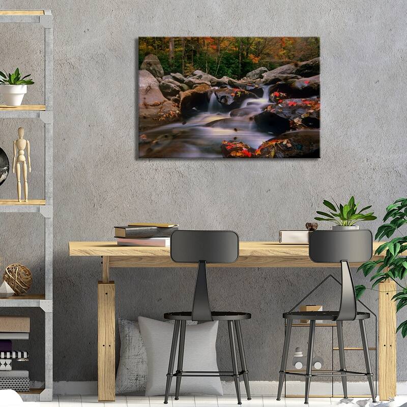 Little Pigeon River, Cascading Among Rocks And Colorful Fall Maple Leaves, Tennessee I Print On Wood by Tim Fitzharris