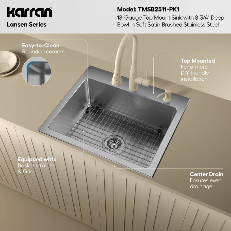 Karran Lansen 25" Top Mount 18 Gauge Single Bowl Stainless Steel Sink with Accessories - Stainless Steel