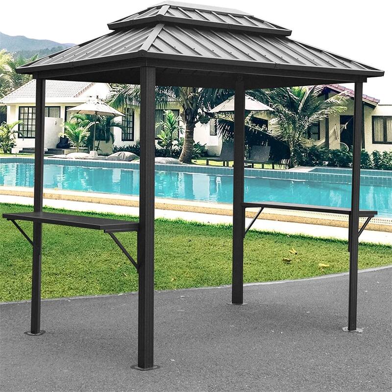 8' × 6' Aluminum Grill Gazebo with Metal Frame Shelves Serving Tables and Double Roof Hard top