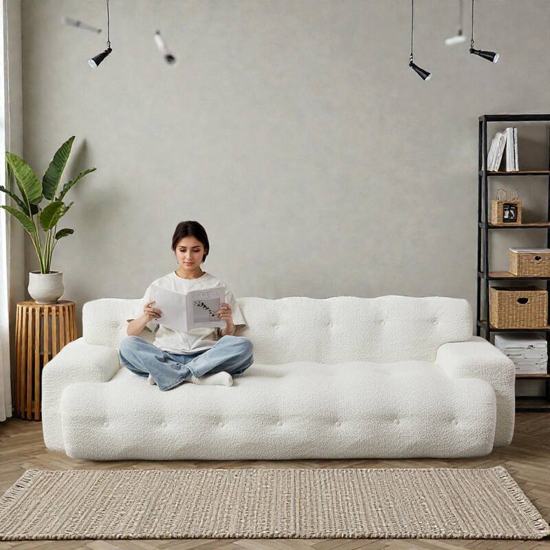 87.4 Inch Cloud Style 3 Seater Sofa, Button Tufted Chenille Upholstered Couch with Square Arms, No Assembly