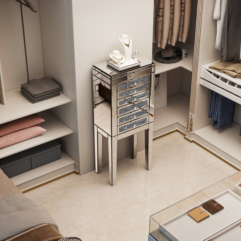 Mirrored Glass Jewelry Armoire with Crushed Diamond Inlay