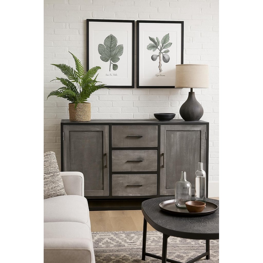 Grey Mango Wood Sideboard Cabinet With Black Iron - 60"