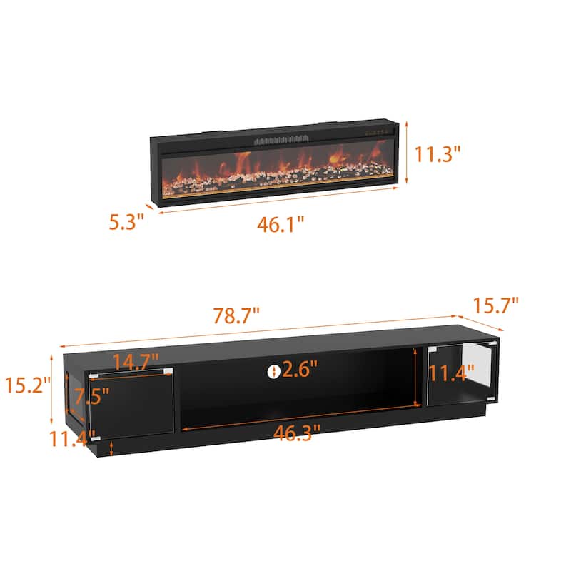 Modern Black Fireplace TV Stand Combo,Remote Fireplace Heater,2 Drawers,Light Strip & USB