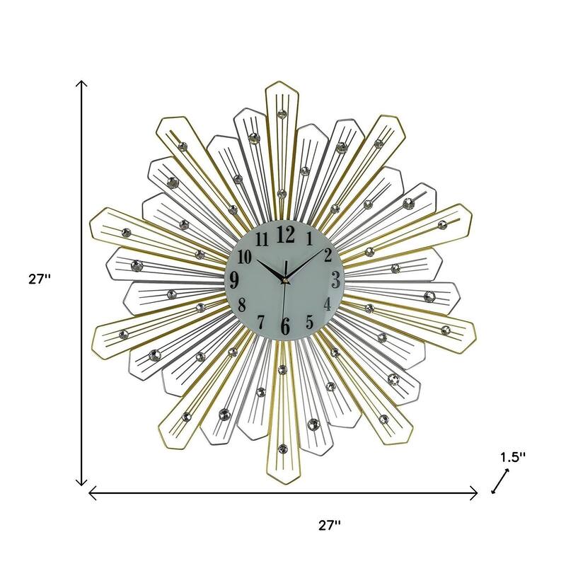 HomeRoots 27" Gold Silver And Metal And Faux Crystals Silent Analog Sunburst Wall Clock - 27.00 in. x 27.00 in. x 1.50 in.