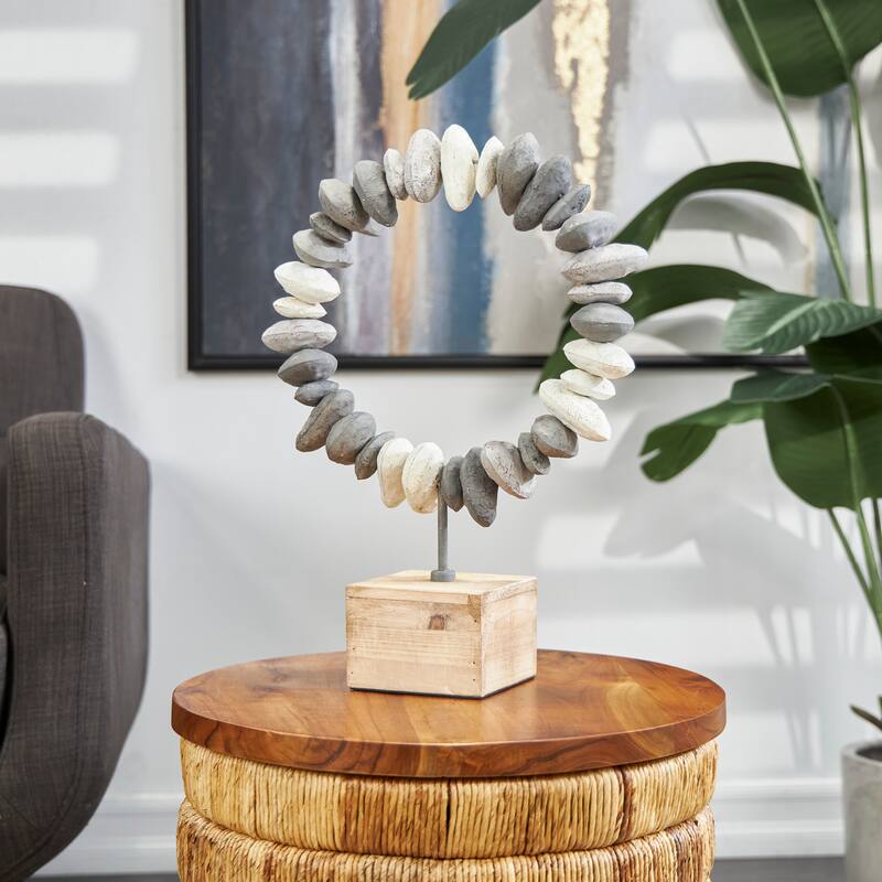 Gray Metal Circular Stone Abstract Decorative Sculpture with Brown Wooden Base - Gray