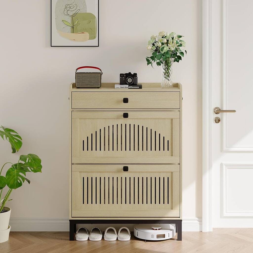 Freestanding 2 Flip Drawer Shoe Cabinet Organizer for Entryway, Hallway, Living Room