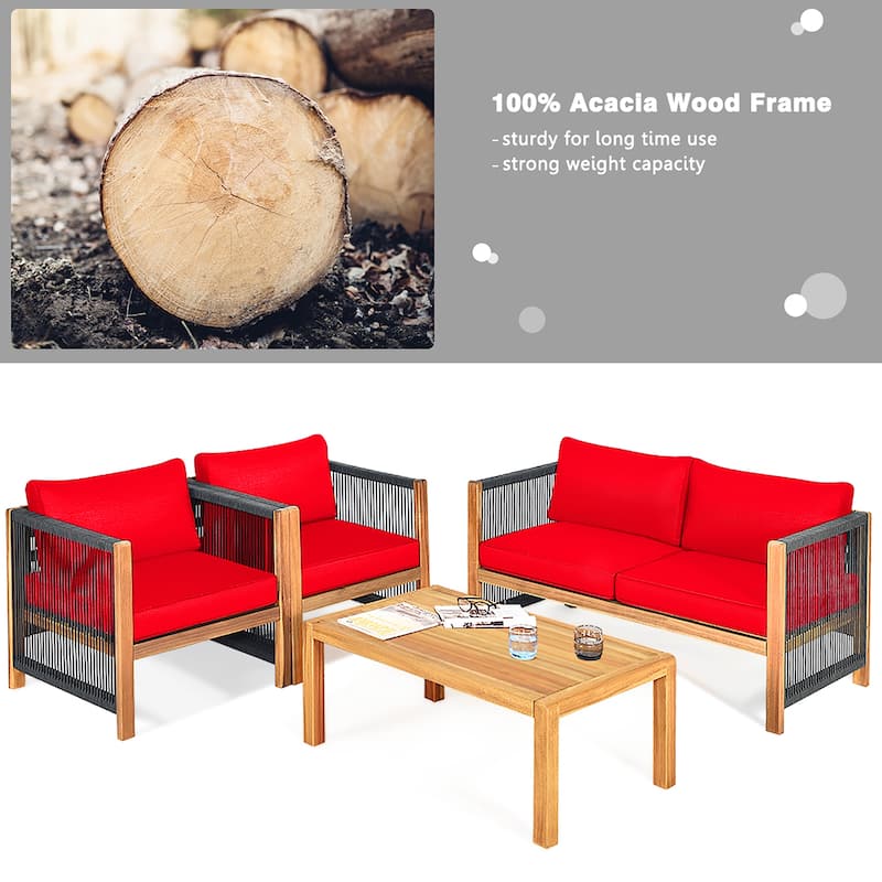 Costway 8PCS Wooden Patio Furniture Set Cushioned Sofa W/Rope Armrest