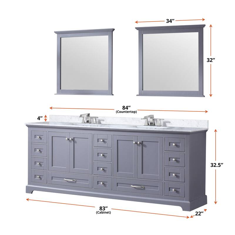 Dukes 84 in. W x 22 in. D Navy Blue Double Bath Vanity, Carrara Marble Top, Faucet Set, and 34 in. Mirrors