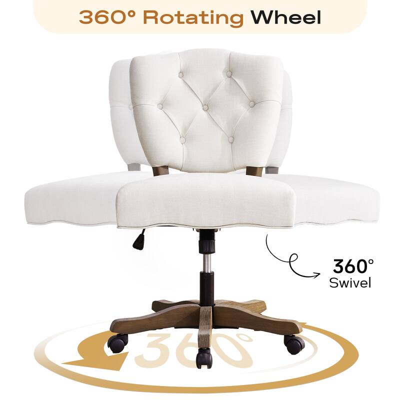 Home Computer Office Chair with Wheels Beige/ Cream/ Grey Adjustable Height, Linen Fabric Upholstered Chair Swivel