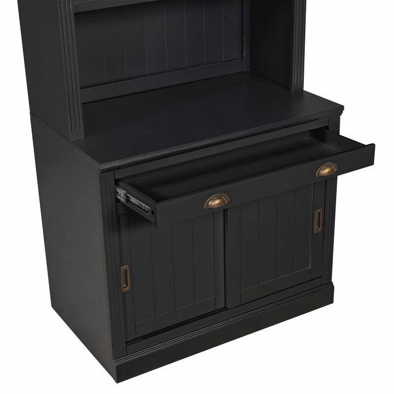 83.4" Tall Bookshelf, Modern Bookcase with Sliding Doors & Open Shelves