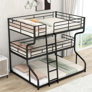 Full XL over Twin XL over Queen Triple Bunk Bed with Guardrails and Ladder