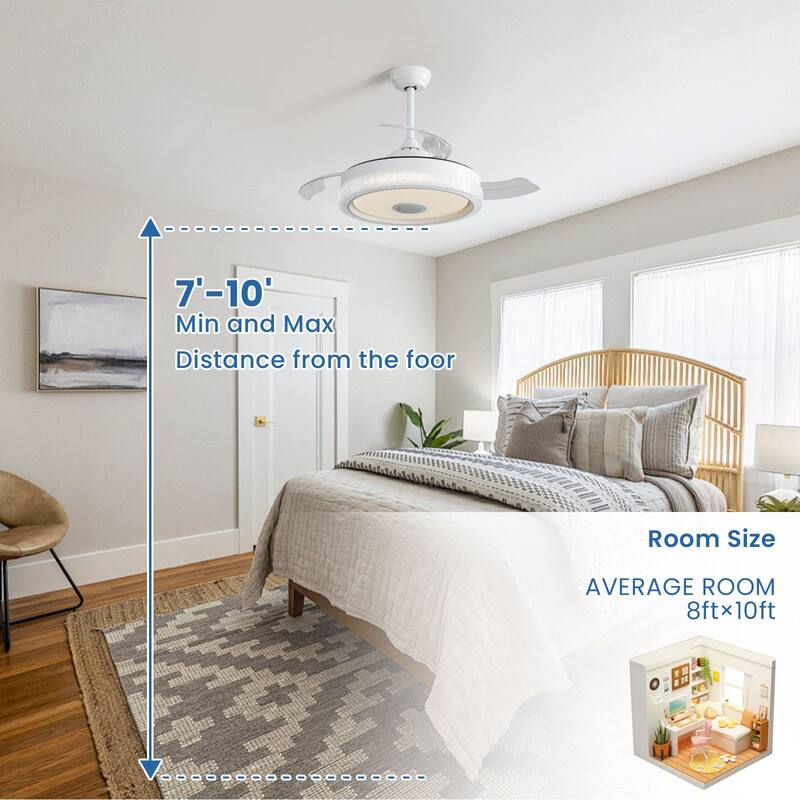 42" Smart Retractable White Ceiling Fan Light with Remote and APP Control