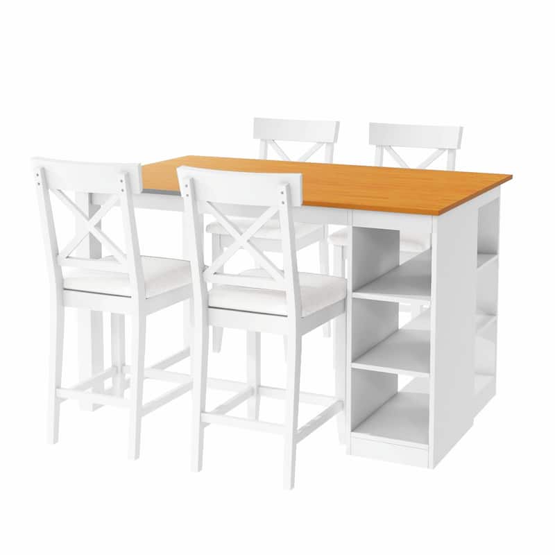 60"L x 30"W Solid Wood Farmhouse Counter Height Dining Table Set with 3-Tier Storage Shelves