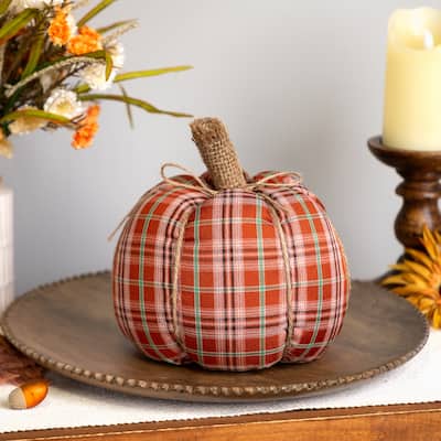 Plush Ribbed Plaid Fall Harvest Pumpkin - 8" - Orange and Green