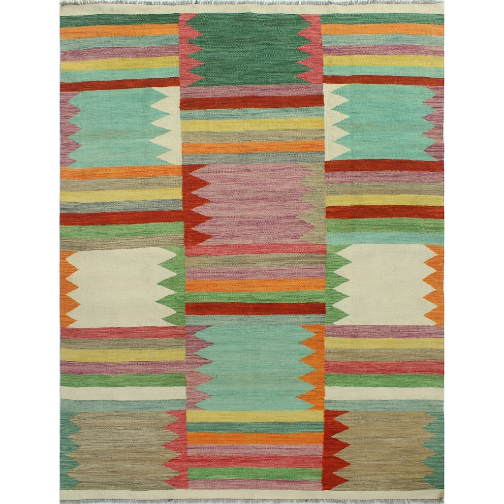 Modern Flatweave Pazira Ivory/Green Rug - 5'10" x 8'0"