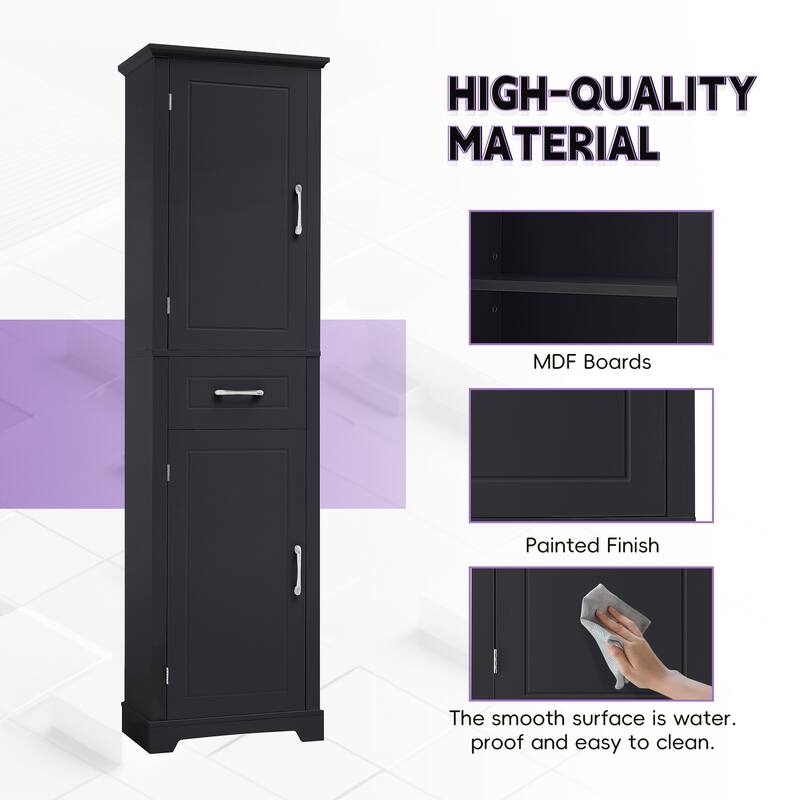 Roomfitters 63" Tall Bathroom Storage Cabinet, Freestanding Linen Tower with Door-Mounted Shelves and Drawer, Black