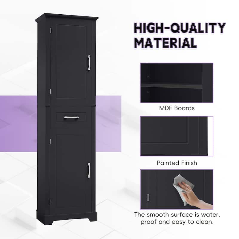 Tall Bathroom Storage Cabinet with Adjustable Shelves, Freestanding MDF Organizer with Drawer and Two Doors, Black
