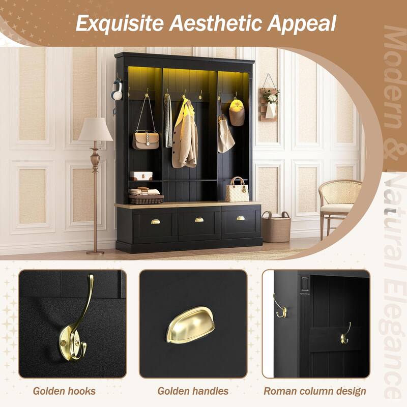 Elegant APP Controlled LED Light Hall Tree with 9 Hooks, Natural Storage Bench with 3 Large Cabinets, with Shelves