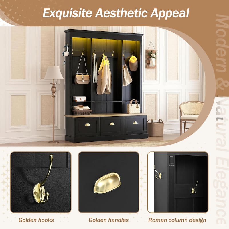 LED Hall Tree with Storage Bench, APP Controlled Light Entryway Organizer with 9 Hooks and Shoe Cabinets