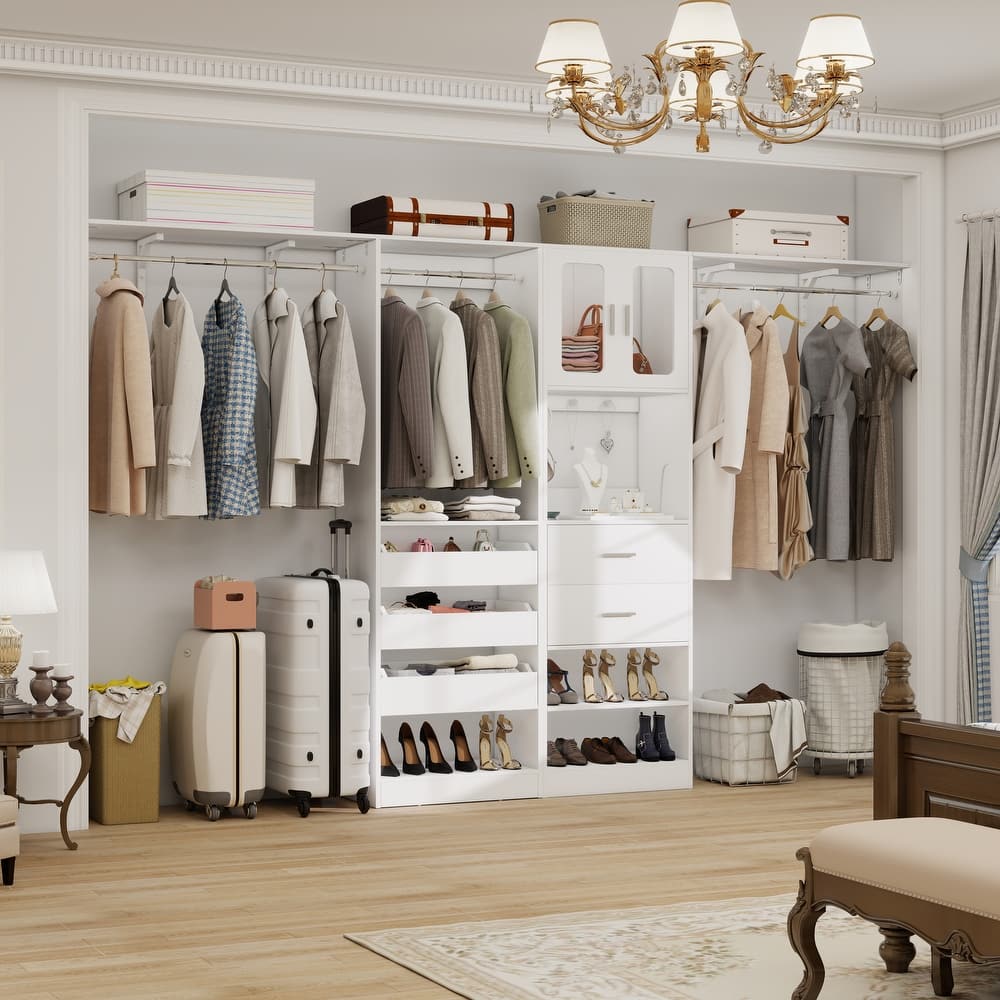 80"-120" Closet System With Door and Wooden Drawers, Closet Organizer System with 3 Haning Rods and Storage Shelves