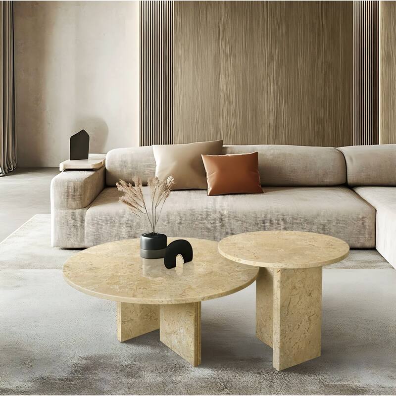 Natural Marble Coffee Table Set Luxury Marble Coffee Table with Natural Stone Polished Surface, for Living Room - Beige