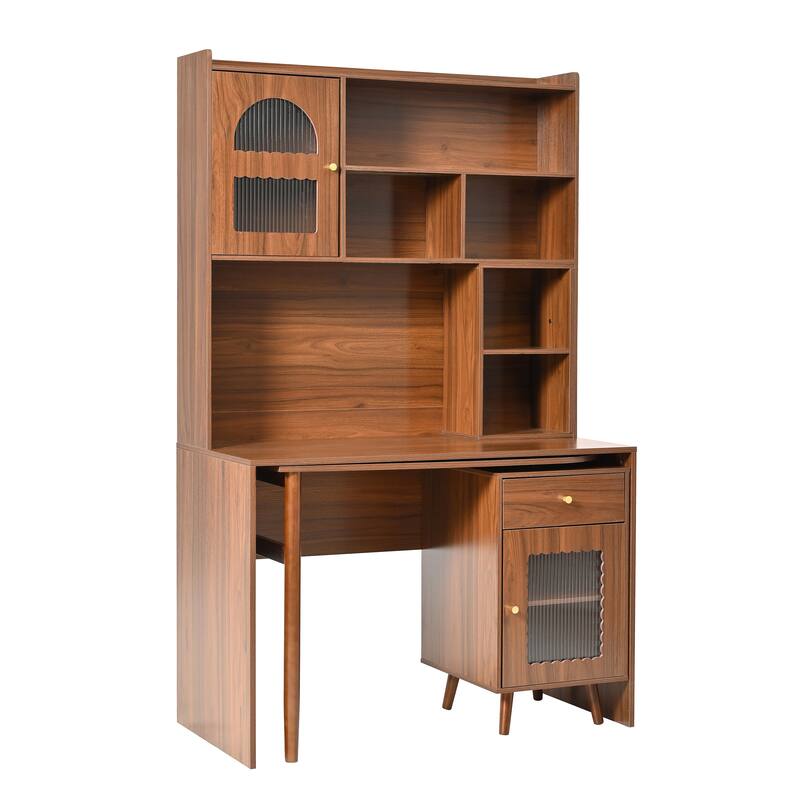 Computer Desk with 90 Rotating Side Table, Storage Drawer, Cabinets and Open Shelves for Home Office Study