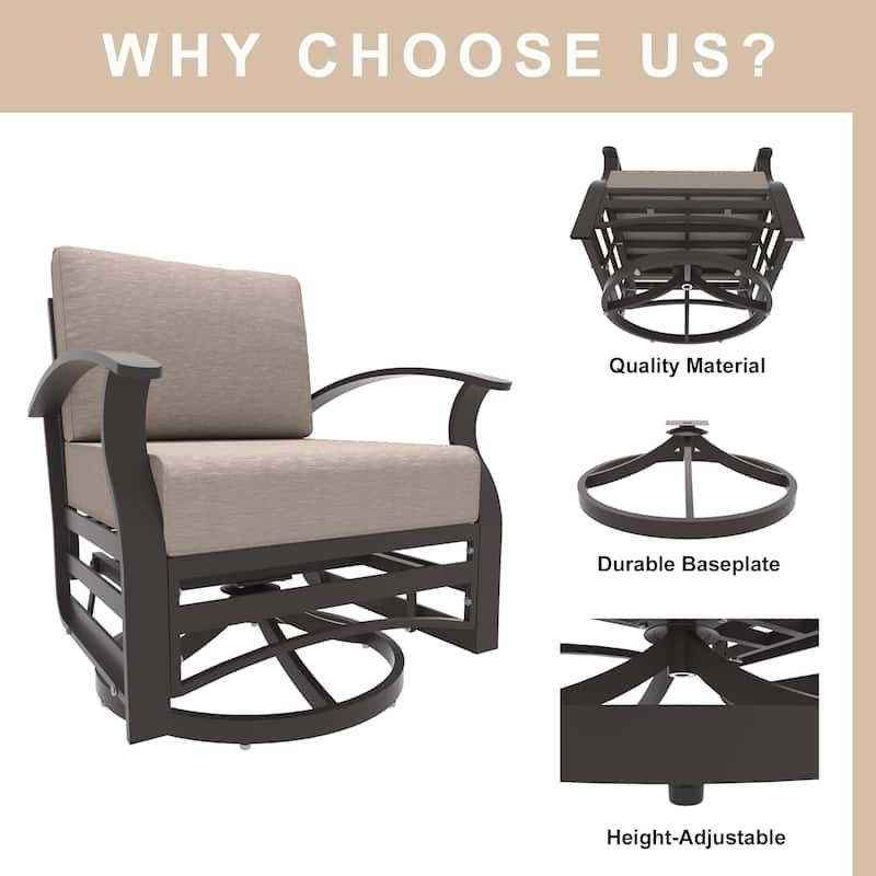 Kullavik 3Pcs Aluminum Rocking Chair Swivel Chairs Set with Glass Top Table & 5" Thick Cushion
