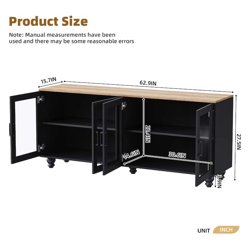 Farmhouse 63" TV Stand Cabinet with Tempered Glass Doors and Adjustable Shelves for TVs Up to 70"