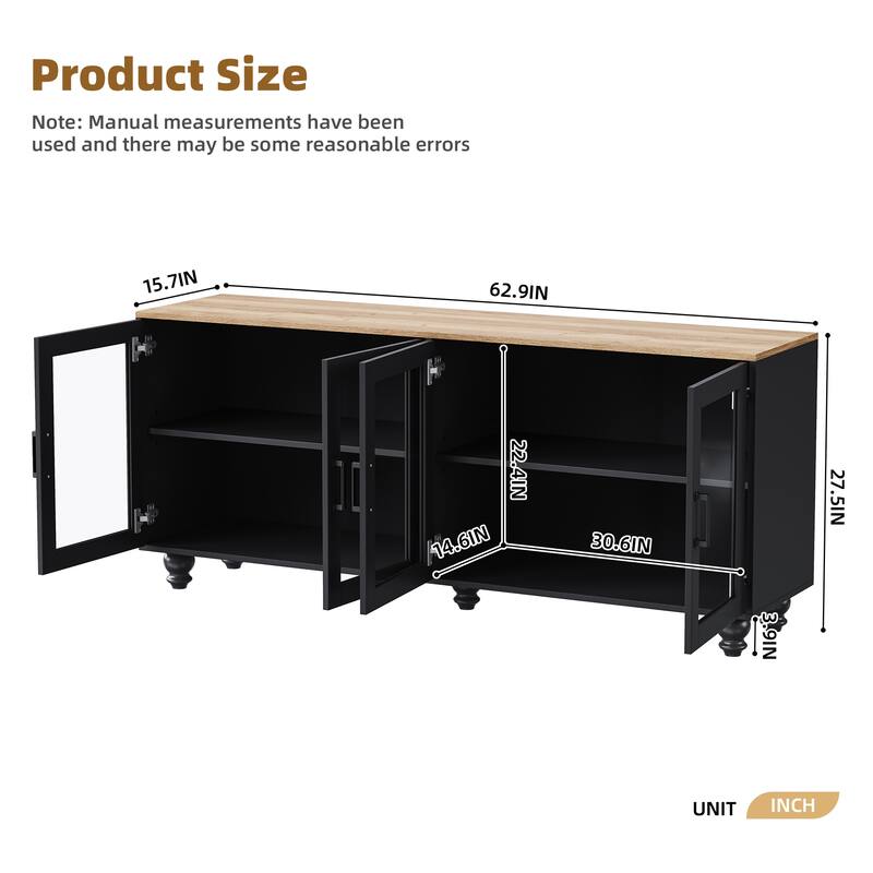 Roomfitters Farmhouse Media Console with Tempered Glass Doors, TV Stand for TVs up to 70" with Shelves and 5 Solid Wood Legs