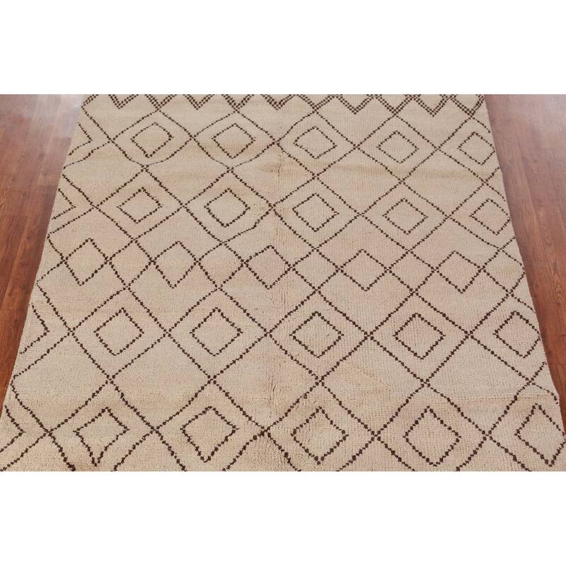 Hand Knotted Oriental 100% Wool Carpet Modern Geometric Beige & Ivories Moroccan Area Rug - 8' 0'' X 5' 0''