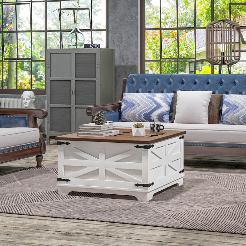 HOMCOM Farmhouse Coffee Table with Storage, Center Table with Hinged Lift Top and Hidden Space, Square Coffee Table - White