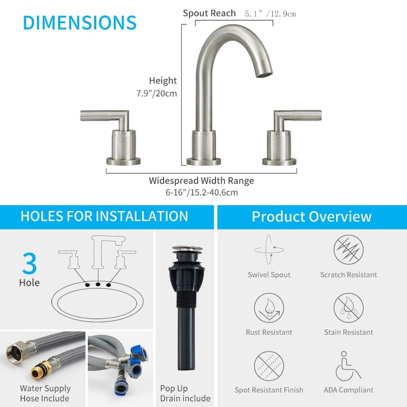 2 Handles Widespread Bathroom Sink Faucet 3 Holes Bathroom Faucet with Pop Up Drain Vanity Tap with CUPC Supply Hoses