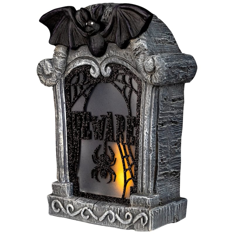 Lighted Flickering Beware Gravestone Halloween Decoration - 13.5" - LED Orange Light