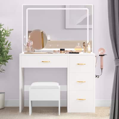 Moasis 35.4" Mirror Makeup Vanity Table with Stool and LED - 35.4''L x 15.7''W x 53.5''H