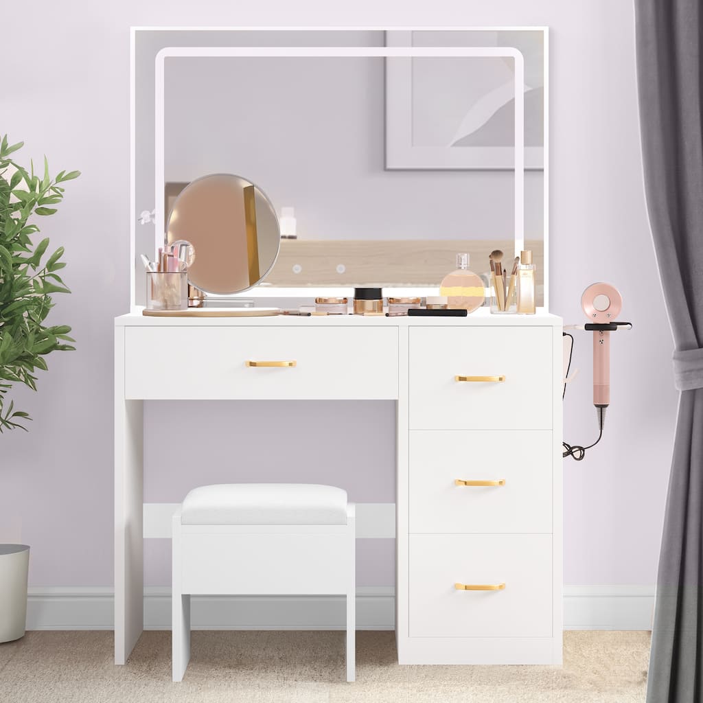 Moasis 35.4" Mirror Makeup Vanity Table with Stool and LED - 35.4''L x 15.7''W x 53.5''H