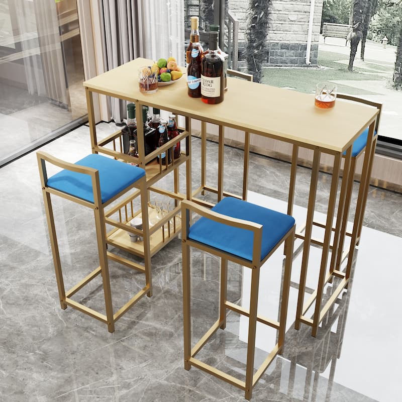 5 Piece Bar Table Set, Counter Height Kitchen Table Set, Metal Table and Chairs Set with 4 Upholstered Chairs & Storage Shelves