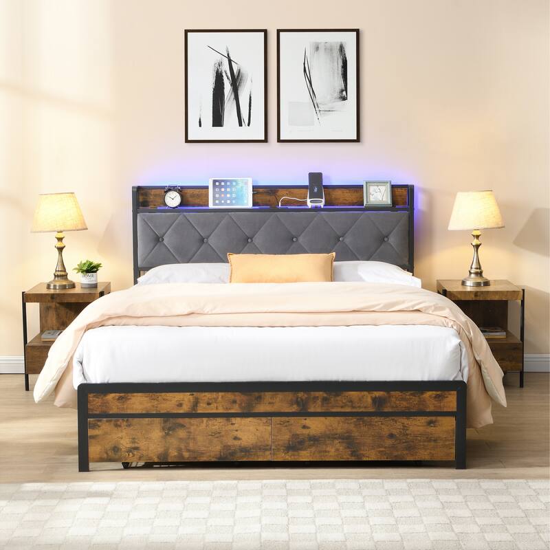 Queen Platform Bed Frame with LED Lights Upholstered Headboard and 2 Drawers, USB & Charging Station, No Box Spring Needed