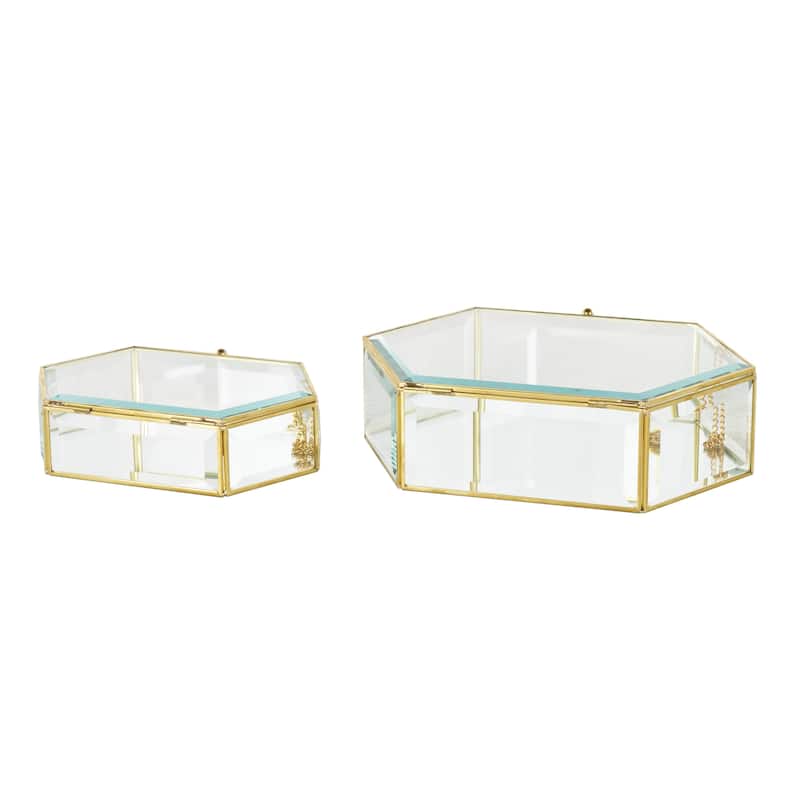 Glass Geometric Beveled Hexagon Decorative Jewelry Box with Gold Metal Frame- Set of 2 Clear - Roche River Decor