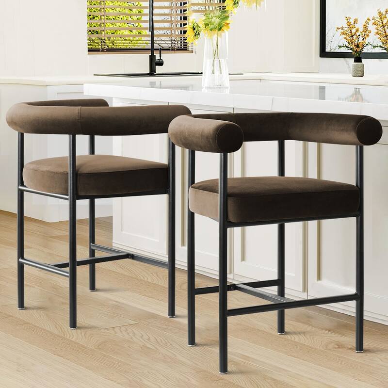 Modern 24" Upholstered Velvet Solid Back Counter Stool with Arms - Mink imitation-2-piece - Set of 2