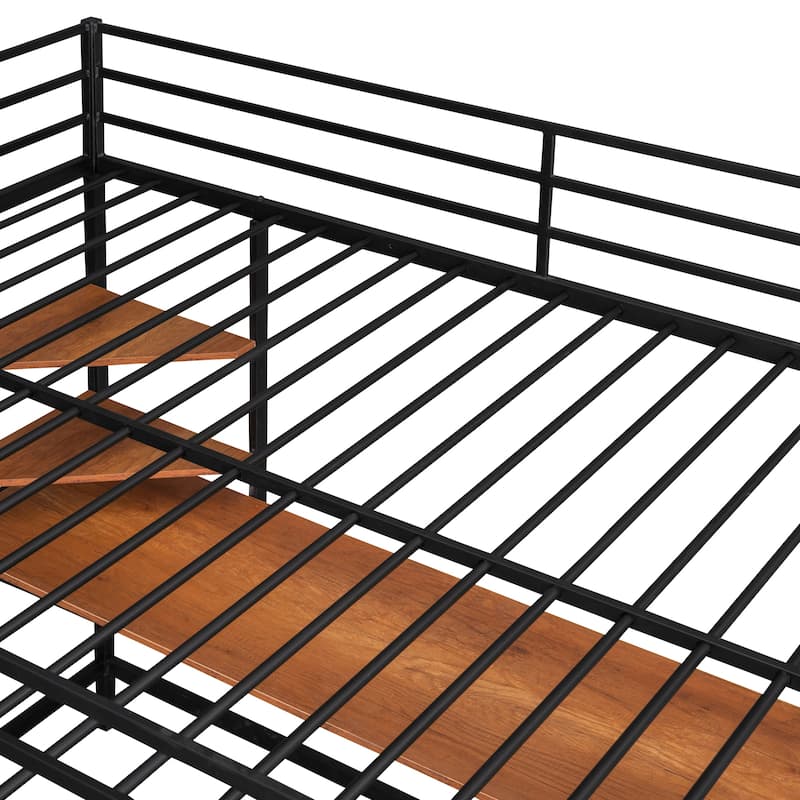 Black Full Size Metal Loft Bed with Desk, Ladder, and Shelves for Kids