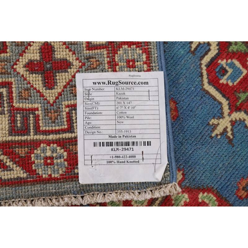 Blue Geometric Kazak Oriental Area Rug Handmade Wool Carpet - 4'10" x 6'7"