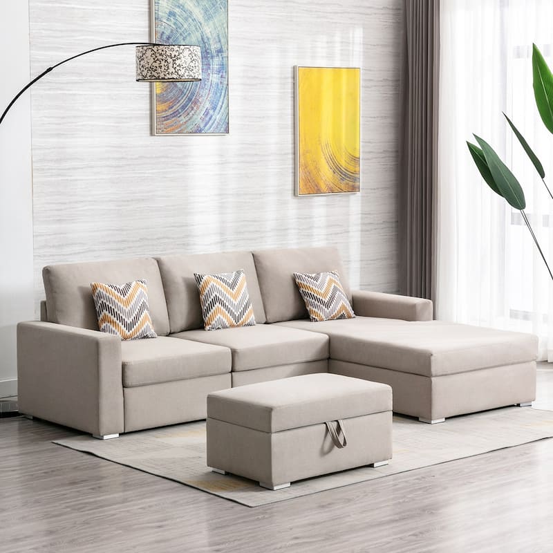 Linen Fabric 4 Piece Reversible Sofa Chaise with Interchangeable Legs, Storage Ottoman, and 3 Pillows in Beige